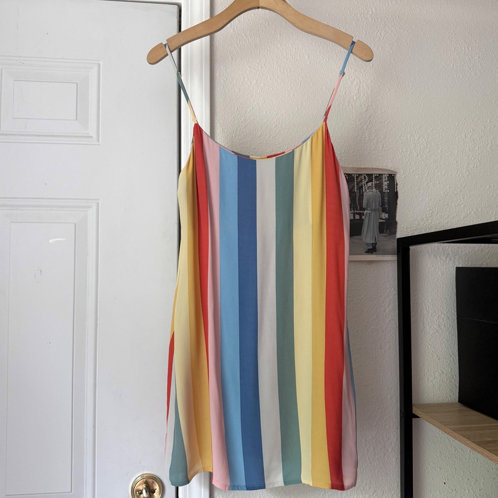 REFORMATION pastel rainbow striped viscose‎ sleeveless mini slip dress